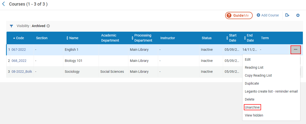 The unarchived action appears for archived courses