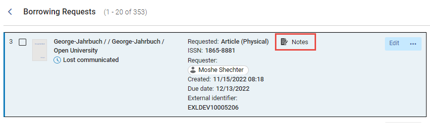The Notes icon in the Borrowing Requests page.
