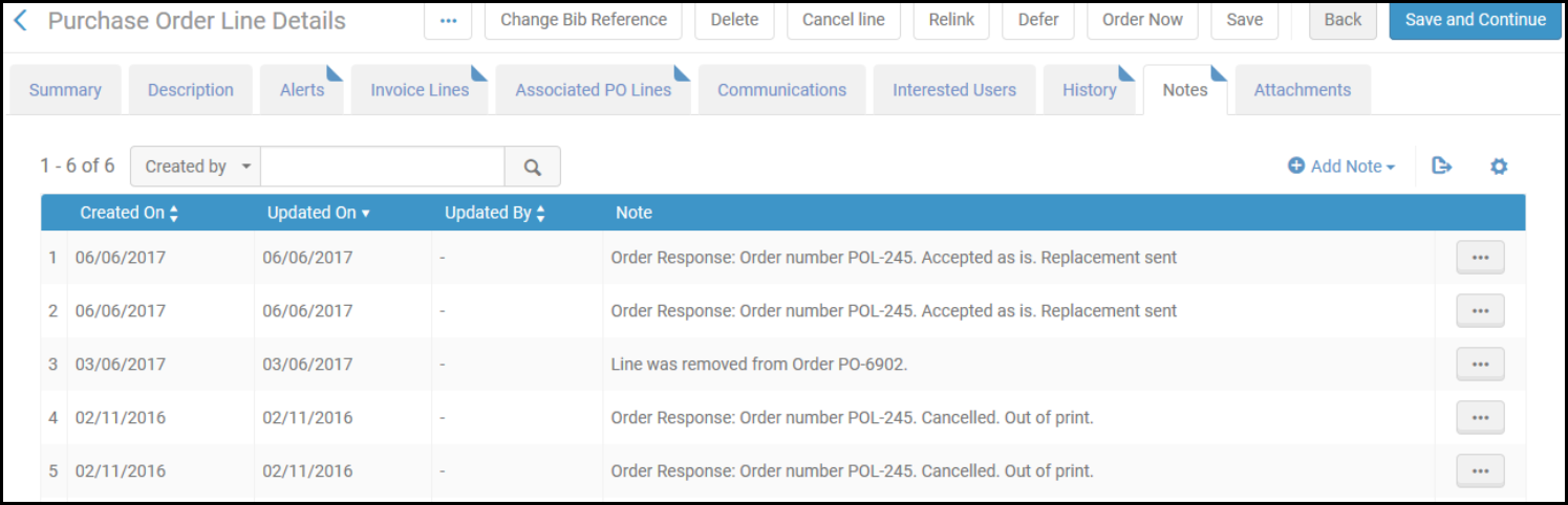 The Notes tab in the Purchase Order Line Details page.