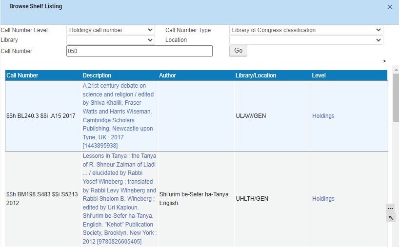 Browse Shelf Listing Results