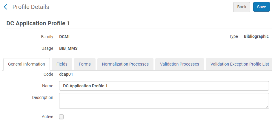 DC Application Profiles General Information Tab