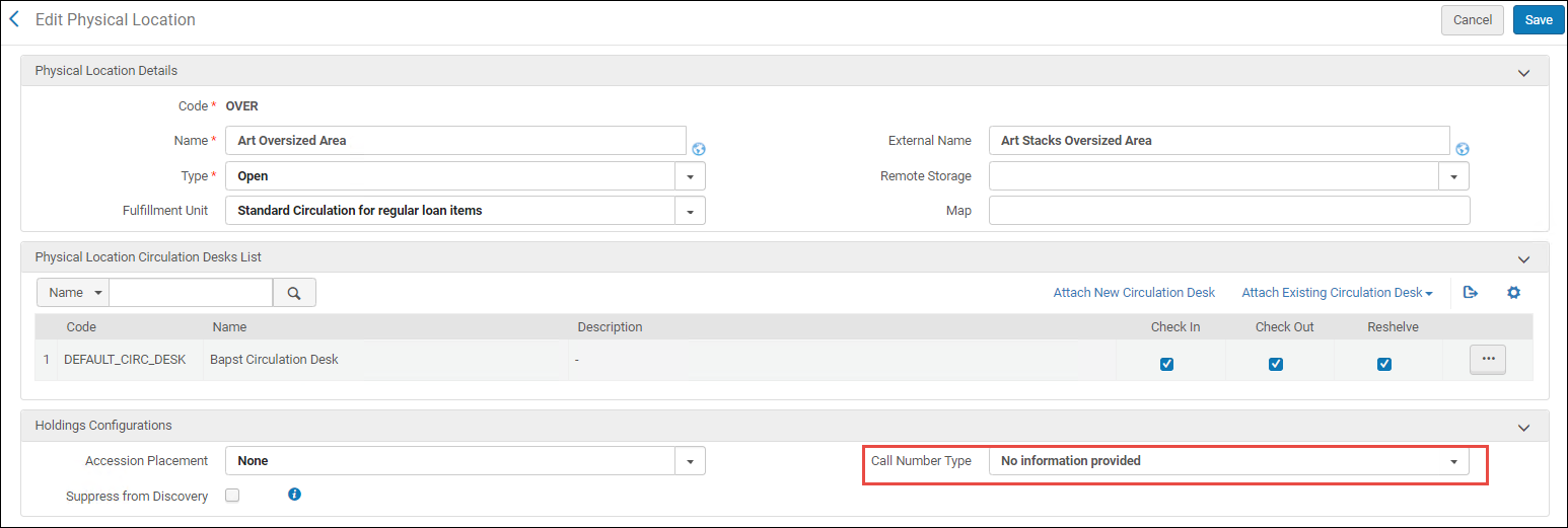 Local Level Call Number Type Setting