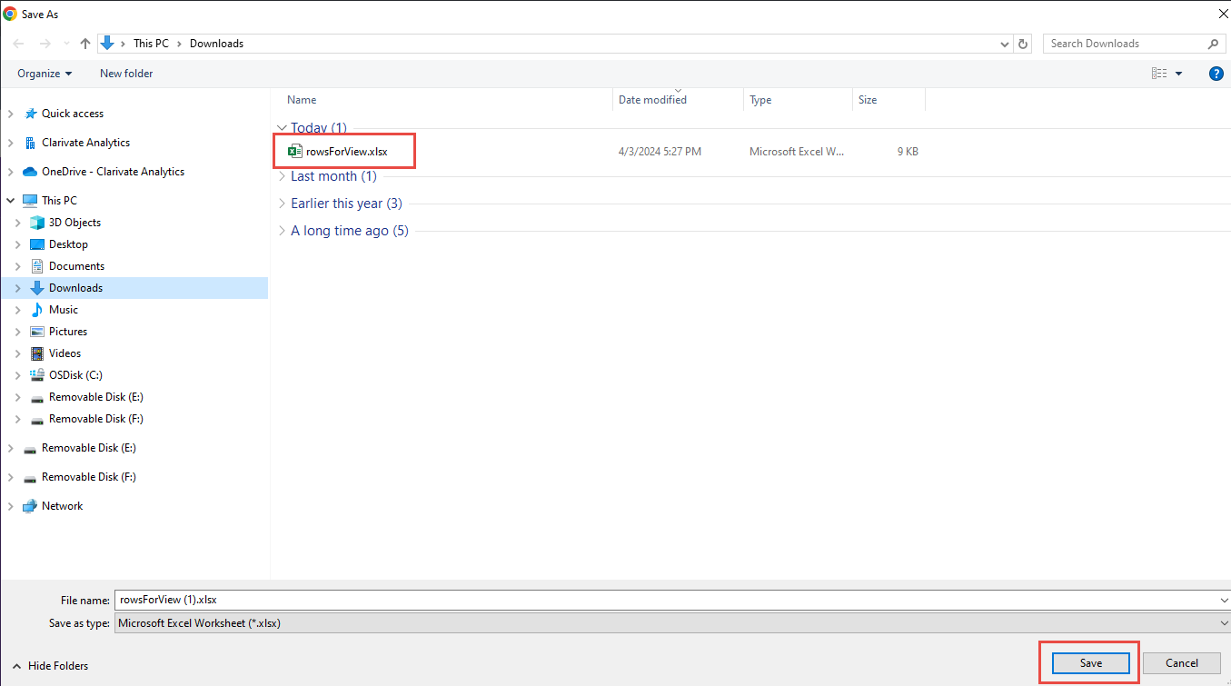 Explorer window enabling user to save the Excel file to a defined directory