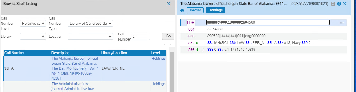 Browse Shelf Listing Results and the Holdings Record in Split Screen Mode