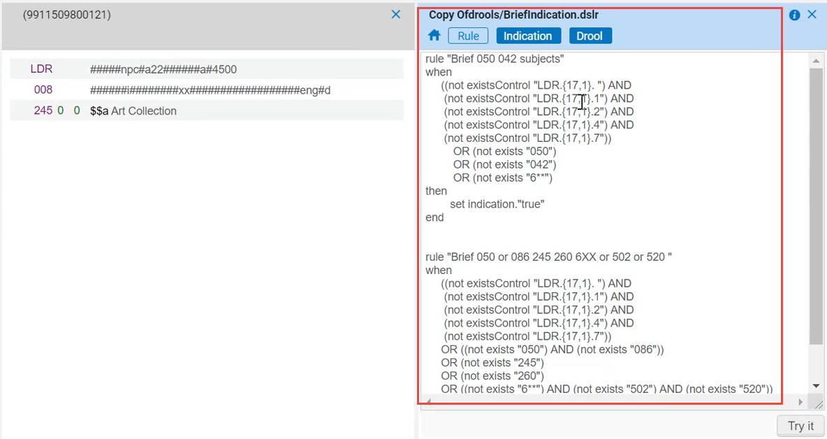 Indication Rule Open in the Split Screen