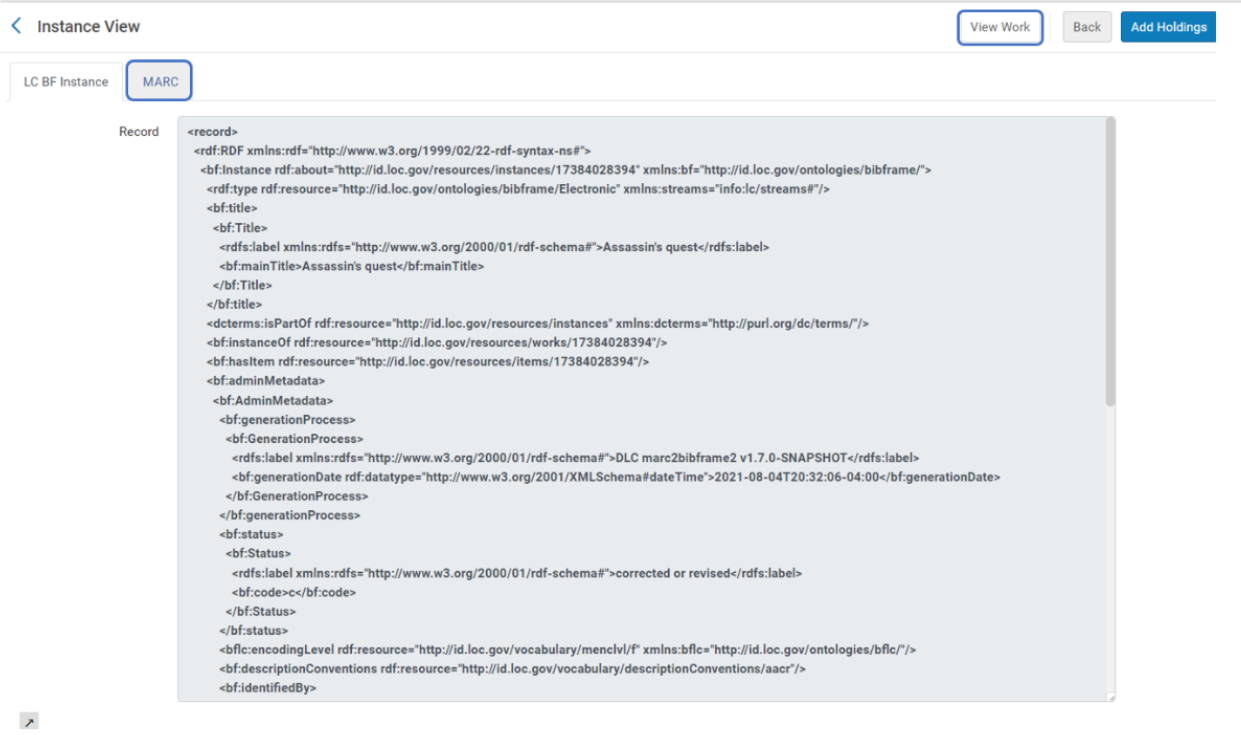 Viewing a BIBFRAME Instance record converted to MARC