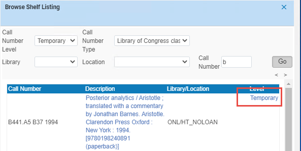 Item Record Link for the Item Call Number