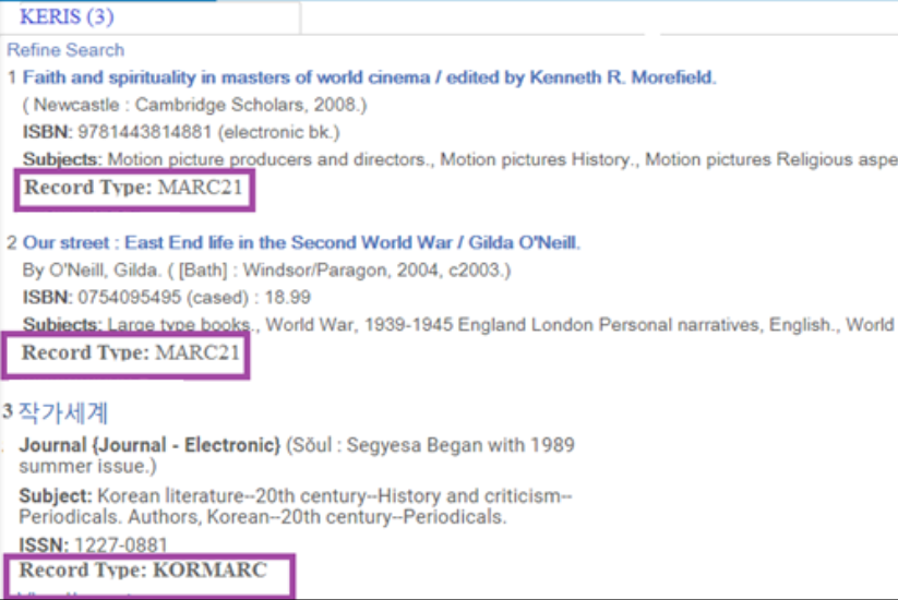 MARC 21 and KORMARC Record Formats Identified in Search Resources Results