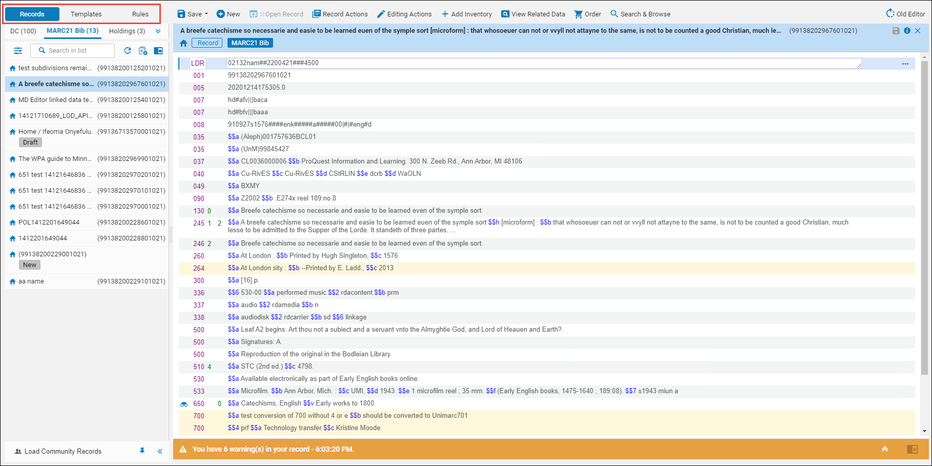 Metadata Editor Working Areas