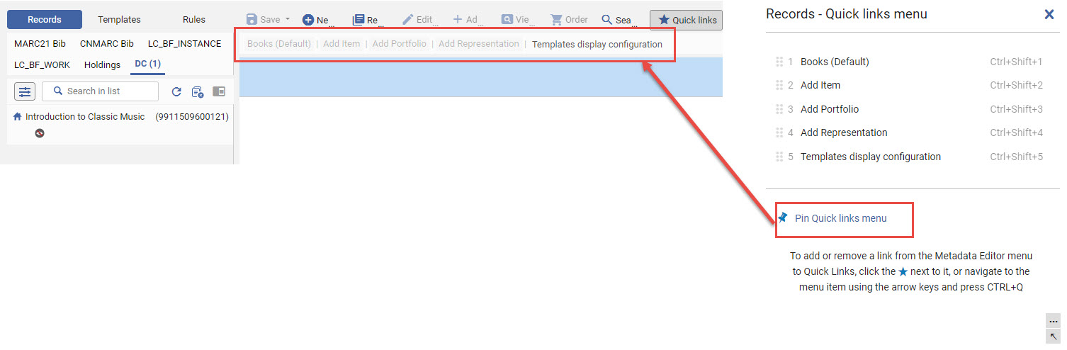 Quick Links pinned under Metadata Editor menu bar