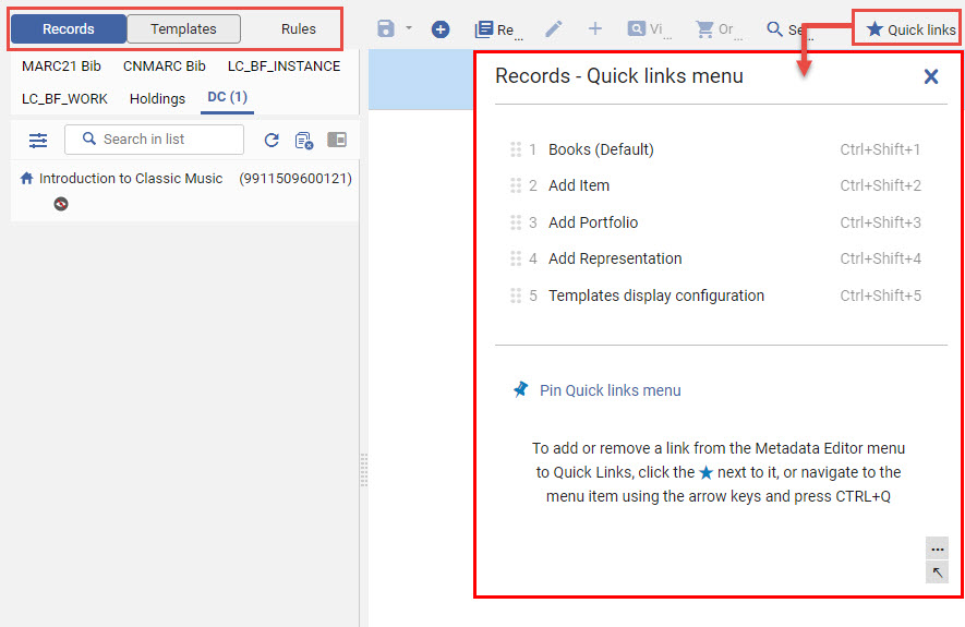 Quick Links Menu in the Metadata Editor