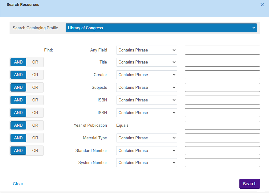 Search Resources screen