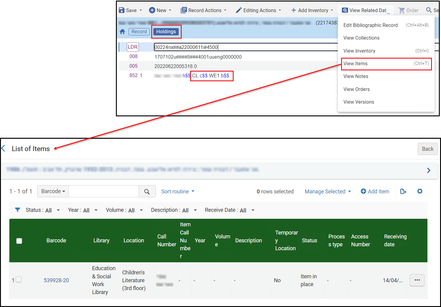 View Items Option in the View Related Data Menu of Metadata Editor