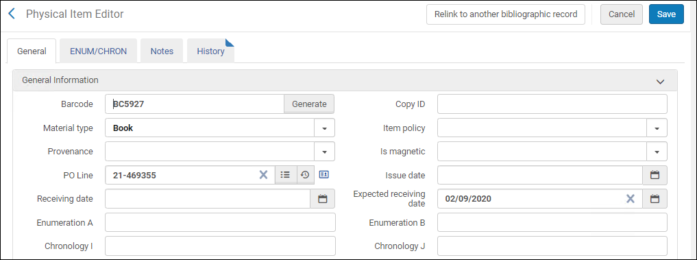 Item-Level Record Opened in the Physical Item Editor