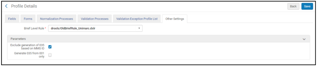 Metadata Configuration Other Settings Tab for UNIMARC
