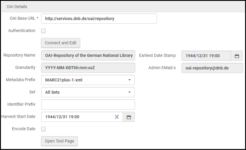 OAI Details Section After Connect and Edit