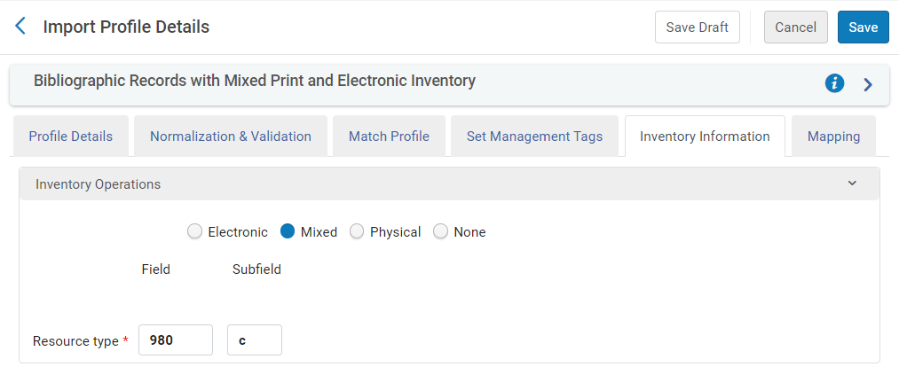 Collection Import Profile Details - Inventory Information Level