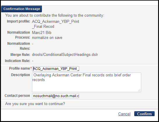 Import Profile Contribution Confirmation Message