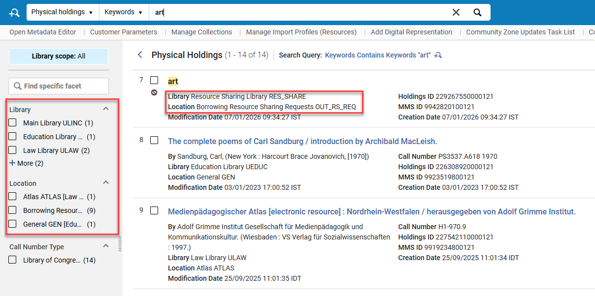 The record view with the library/location names and codes
