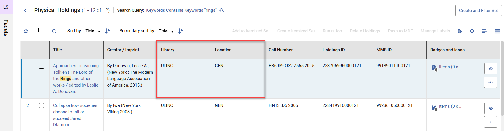 The table view with the library/location code