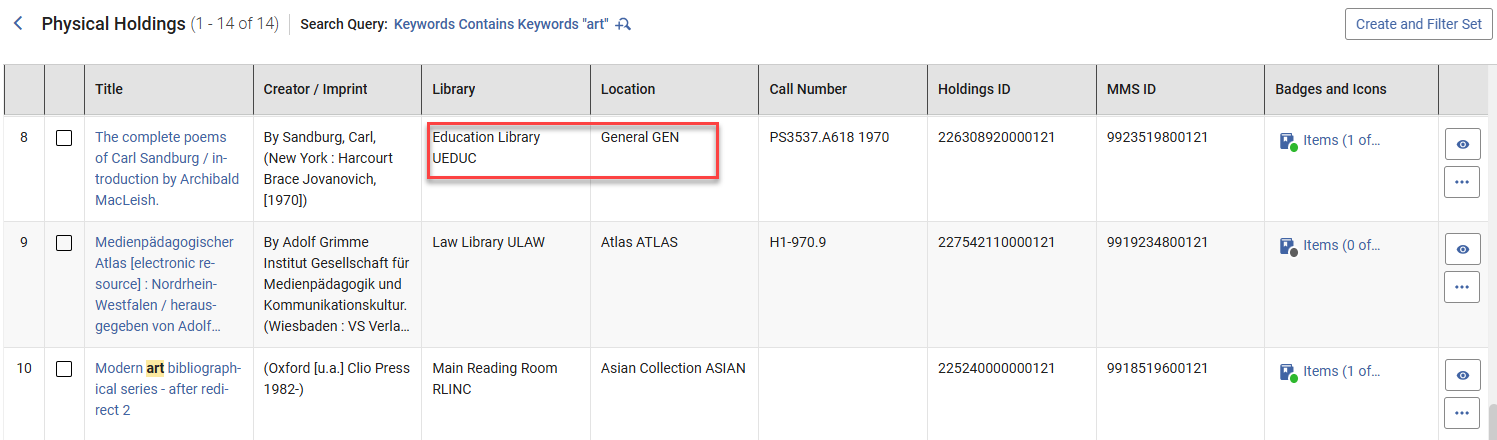 The table view with the library/location name and code