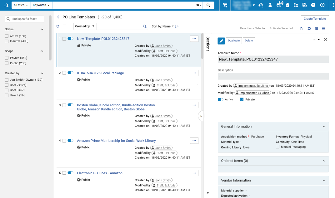 Administration of PO Line Templates