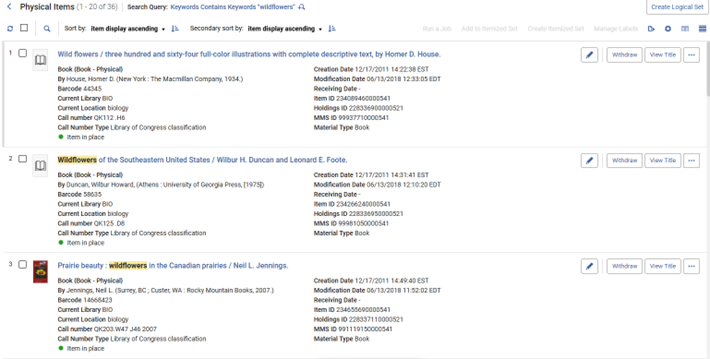Physical Items - List View