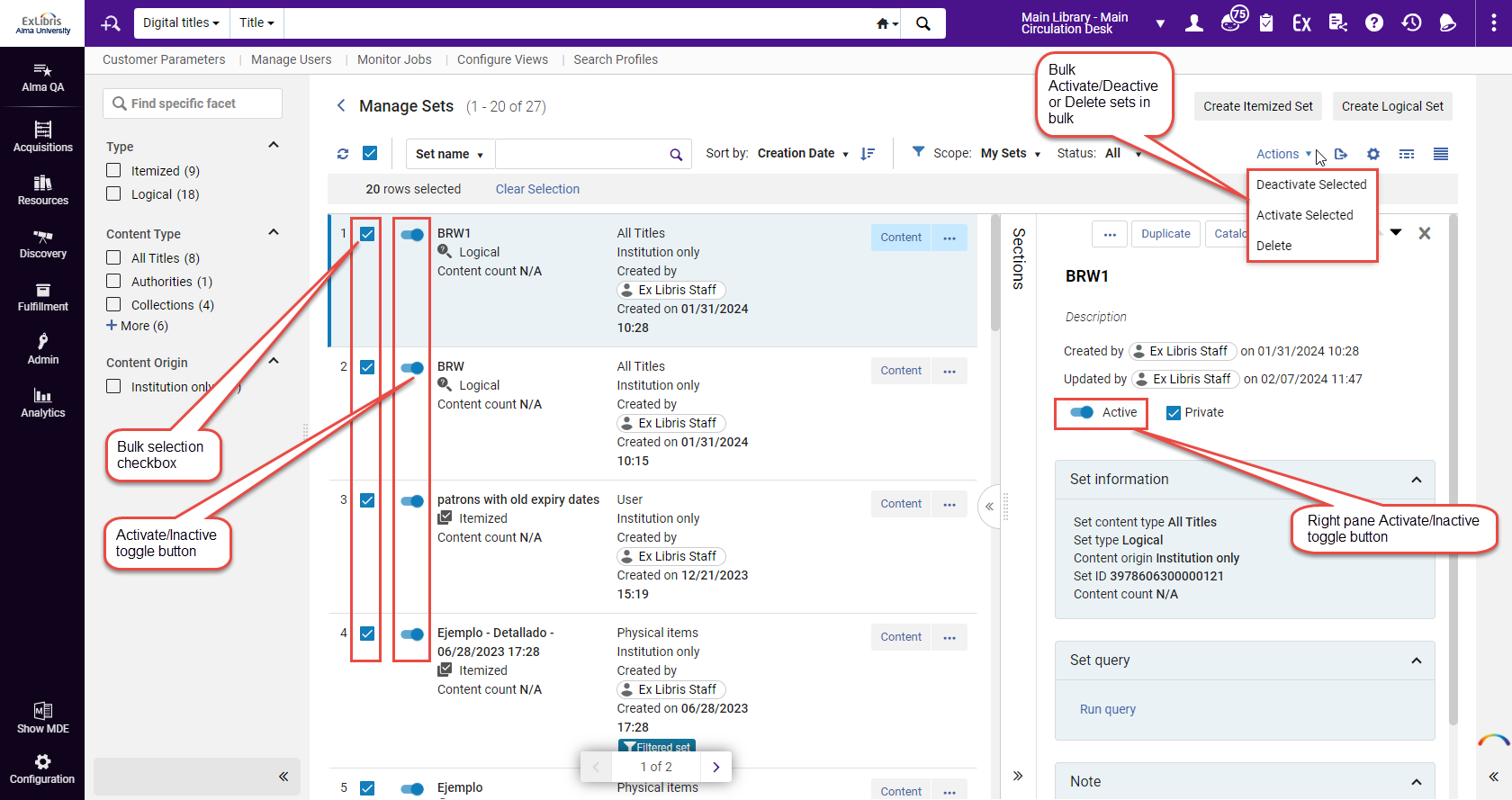 Activate-Deactivate sets in Record list and Details section
