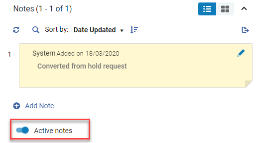 The Active notes toggle in the resource sharing task list.