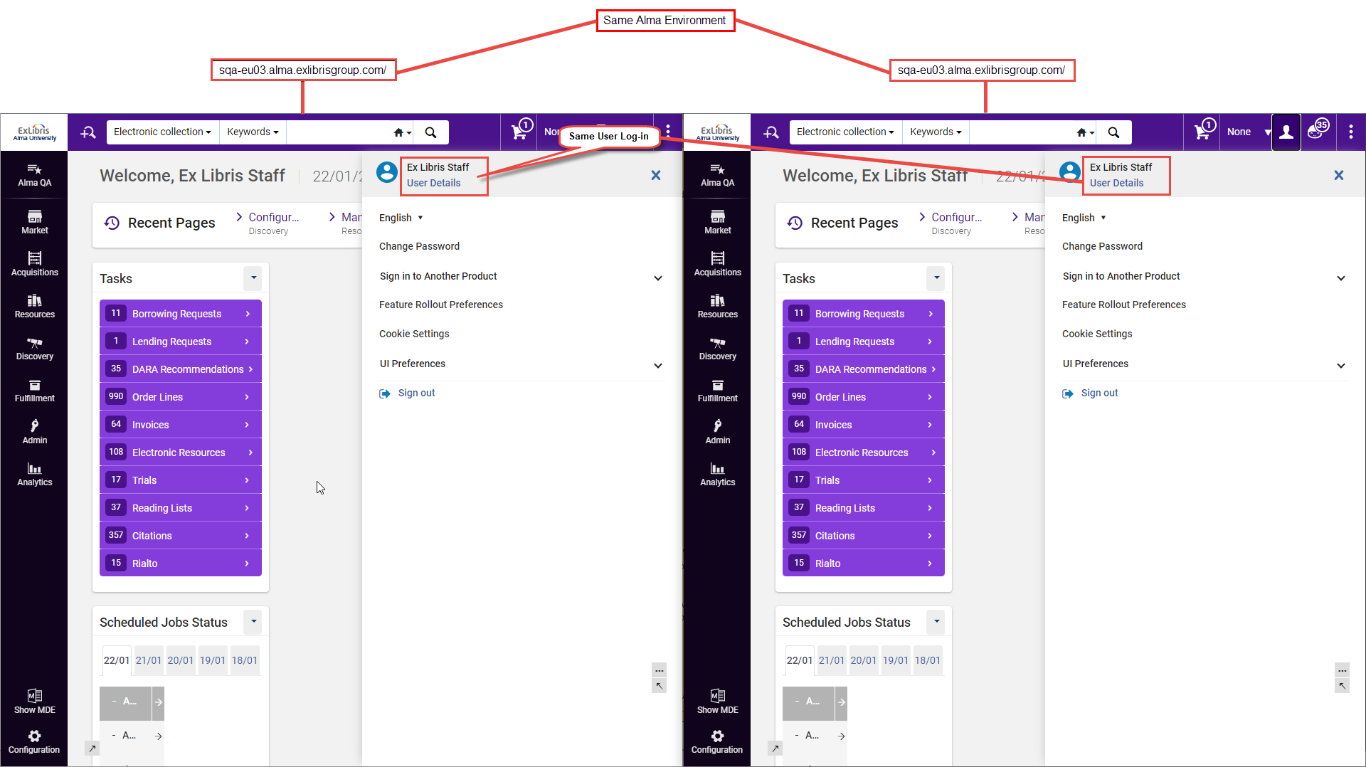 Multiple open browser tabs on an Alma session