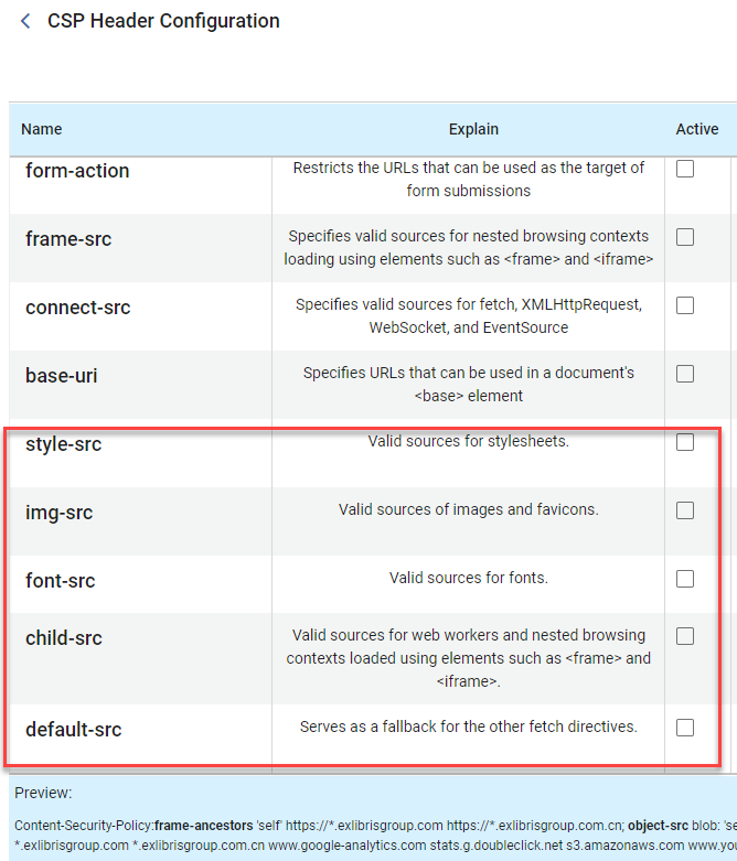 The CSP headers configuration page.