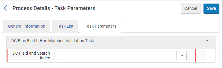 The DC Field and Search Index drop-down list.