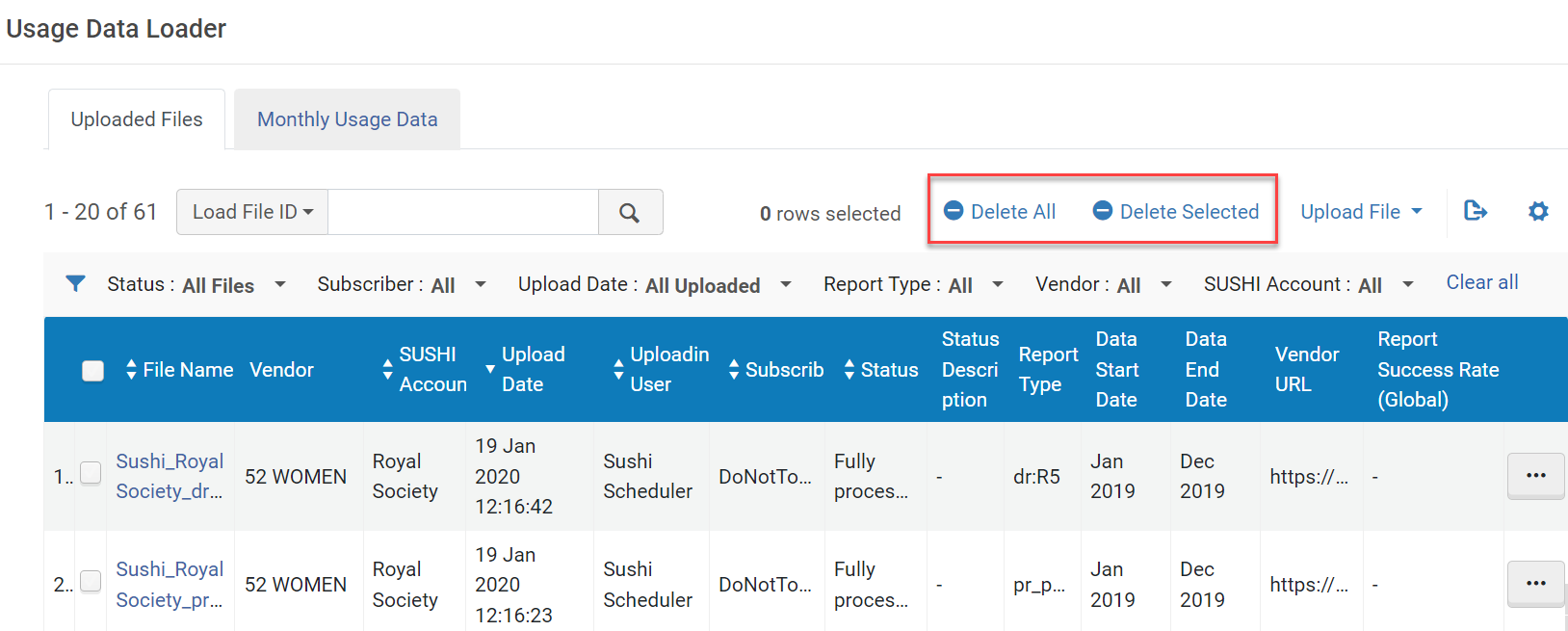 The Delete All and Delete Selected options in the Usage Data Loader page for Sushi Reports.