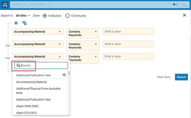 Focus on first field search box.