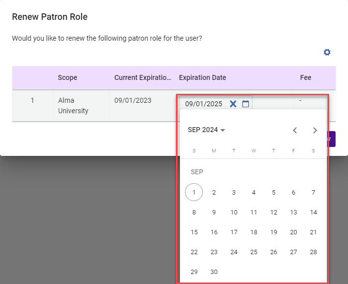 The expiration date calendar widget.