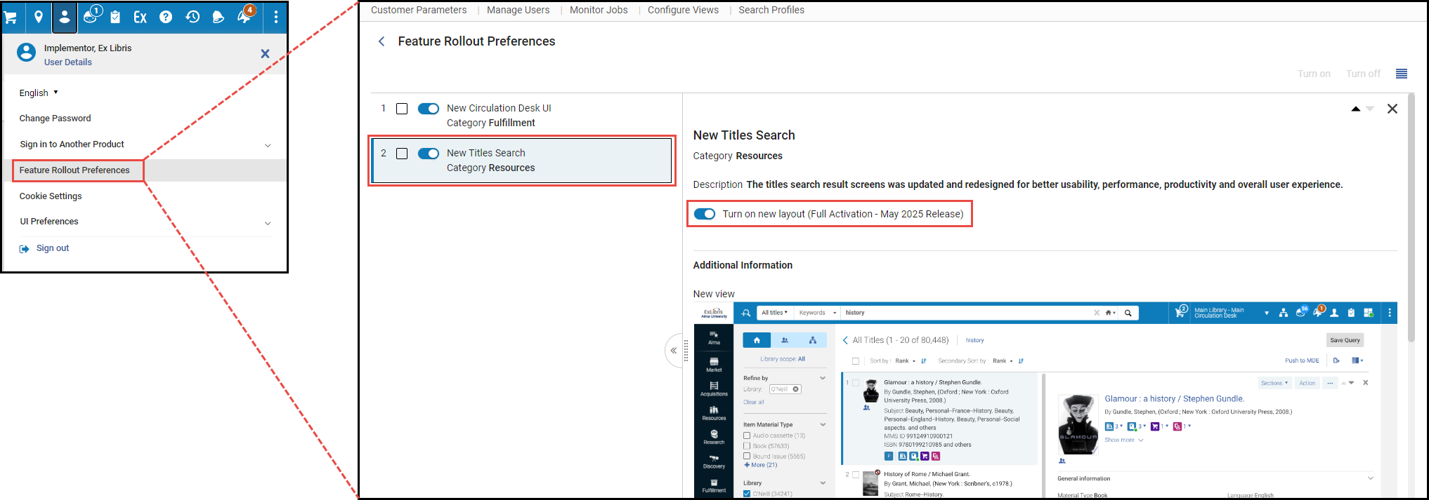 New Titles Search activation via the Feature Rollout Preferences page