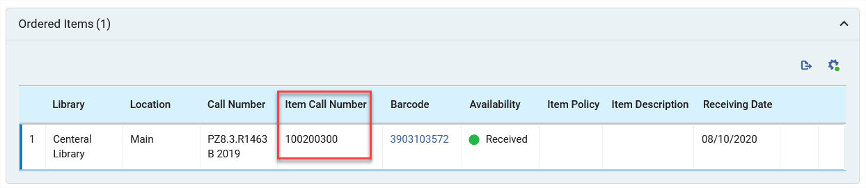The Item Call Number field for a received item.