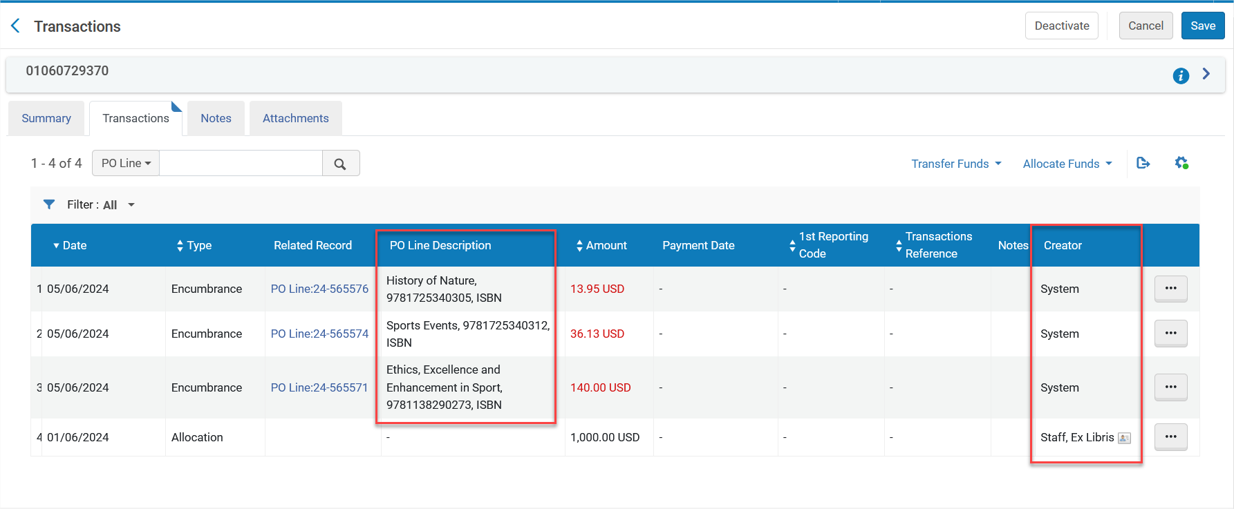 The PO Line Description and Creator fields.
