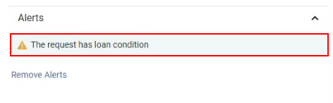 The Alert after performing a request with a loan condition.