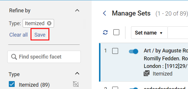 The Save button for facets.