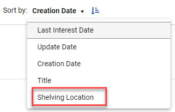 The Shelving location option in the Sort by Creation Date drop down list.