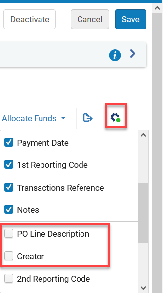The PO Line Description and Creator fields in the table customization page.