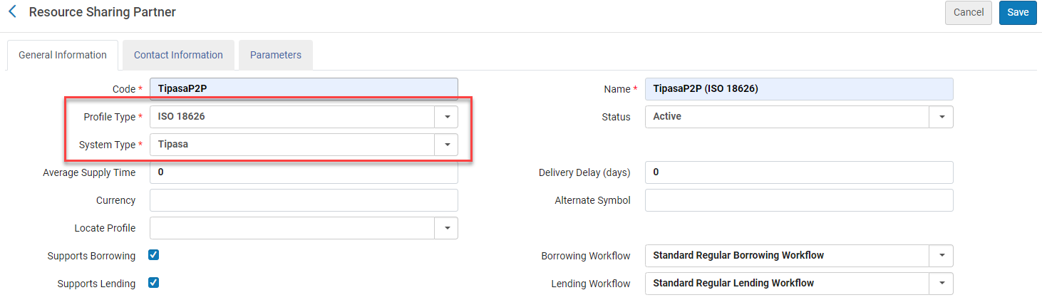 The Profile Type field with value ISO 18626 and the System Type field with value Tipasa.