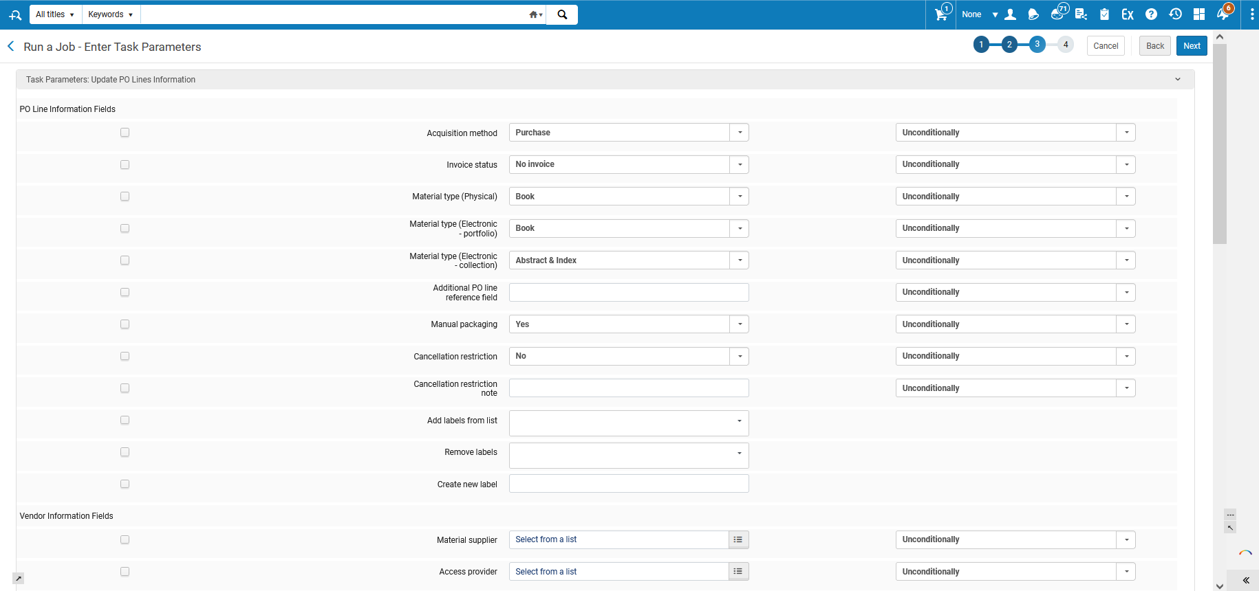 The "PO Line Information Fields" and "Vendor Information Fields" sections in the Update PO Lines Information job.