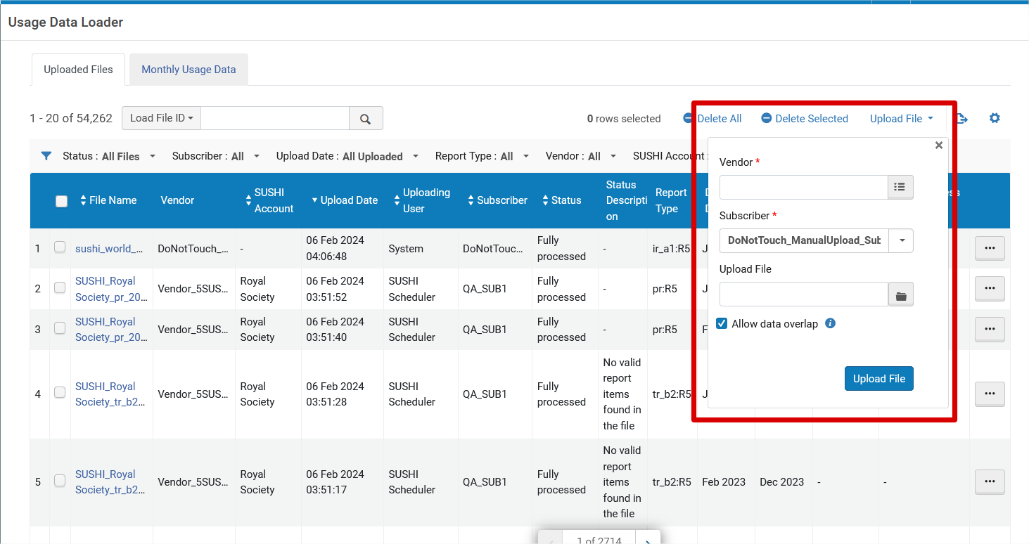 The Upload file option for COUNTER reports.