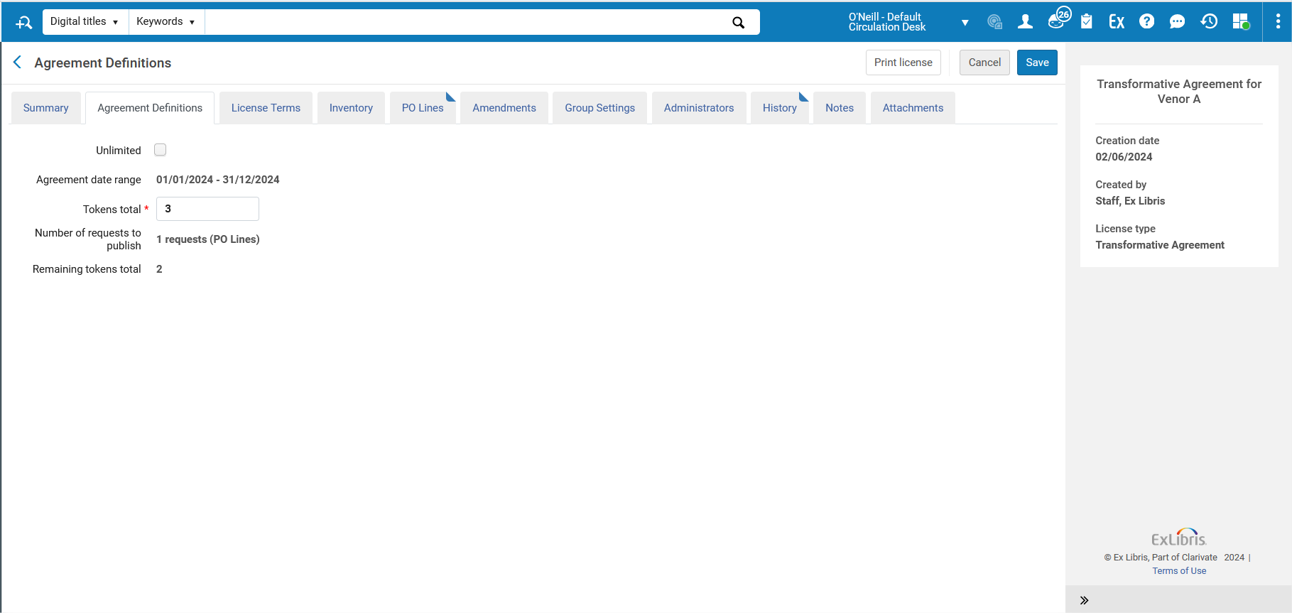 The Agreement Definitions tab for an Transformative Agreement license.