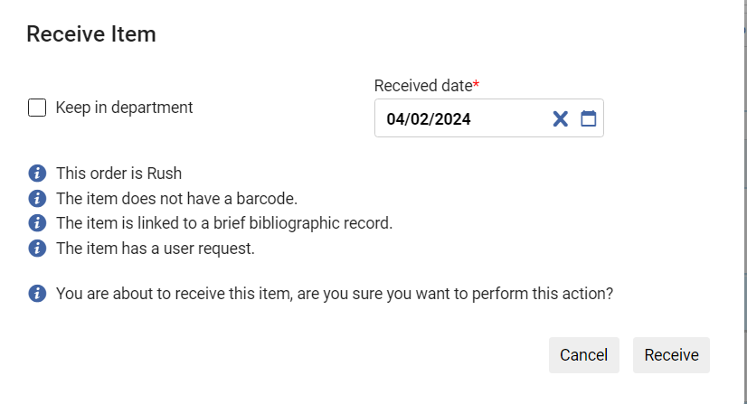 The Receive Item Dialog Box.