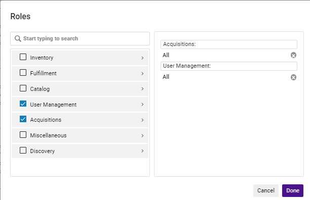 The role selection dialog box with the ability to select roles and role categories.