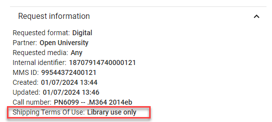 The Shipping Terms of Use field in the Document Delivery page.