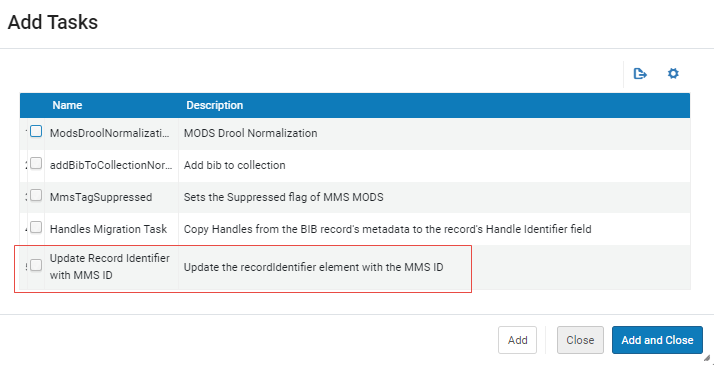 The Update Record Identifier with MMSID normalization task displayed on the Add Task page.
